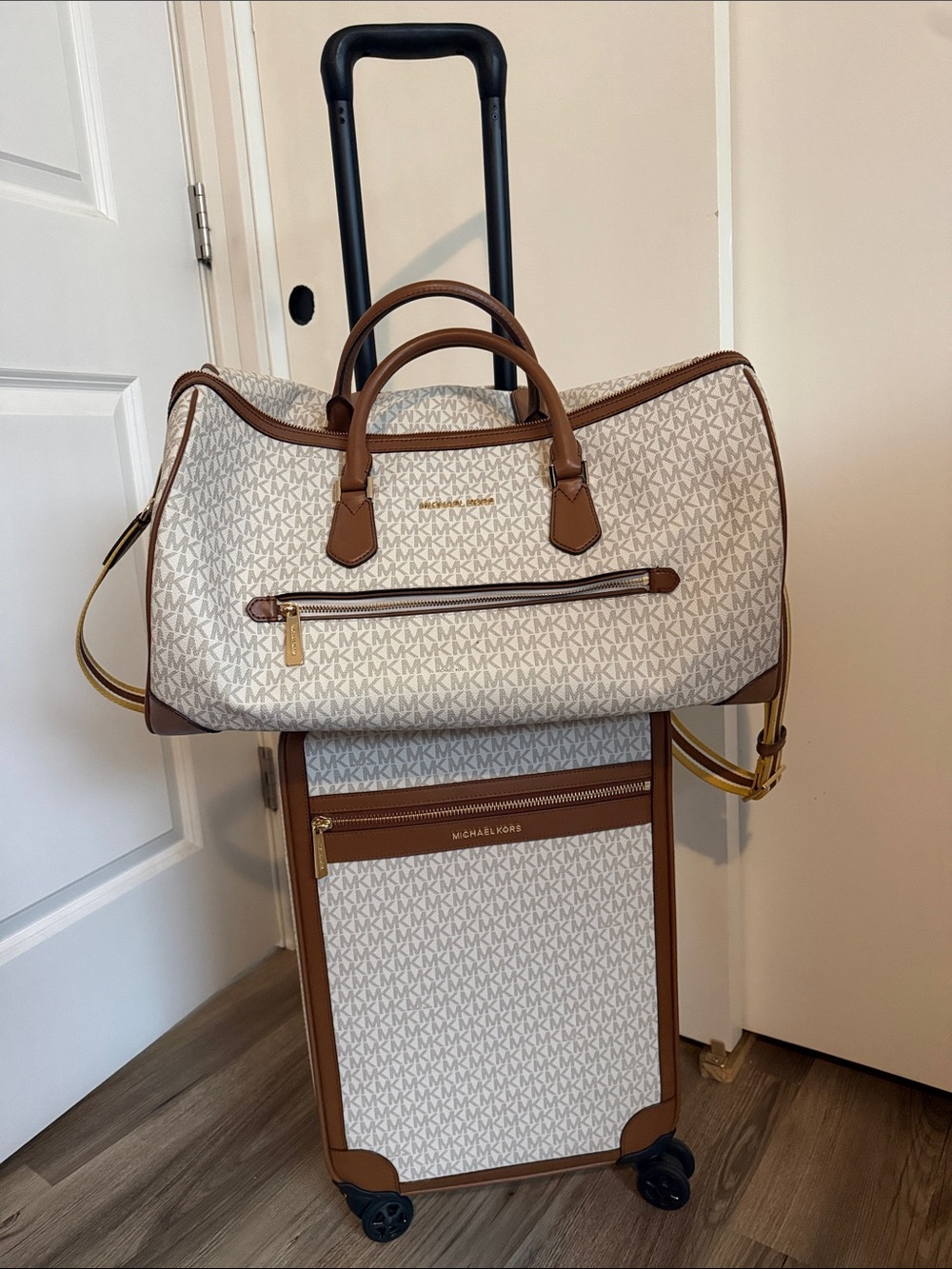 Michael Kors Cream and Brown MK Logo Rolling Luggage Set